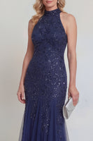 Laden Sie das Bild in den Galerie-Viewer, Marineblauer Tüll, Blumenpailletten, Neckholder, Meerjungfrau, lange Mutter der Braut, Kleid