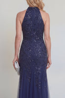 Laden Sie das Bild in den Galerie-Viewer, Marineblauer Tüll, Blumenpailletten, Neckholder, Meerjungfrau, lange Mutter der Braut, Kleid