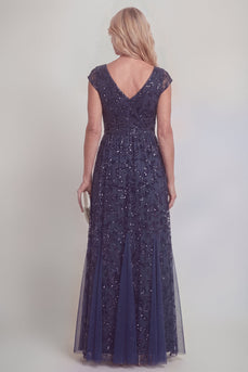 Marineblaue Spitzen-Pailletten – eine Linie V-Ausschnitt langes Mutter-der-der-Braut-Kleid mit Ärmeln