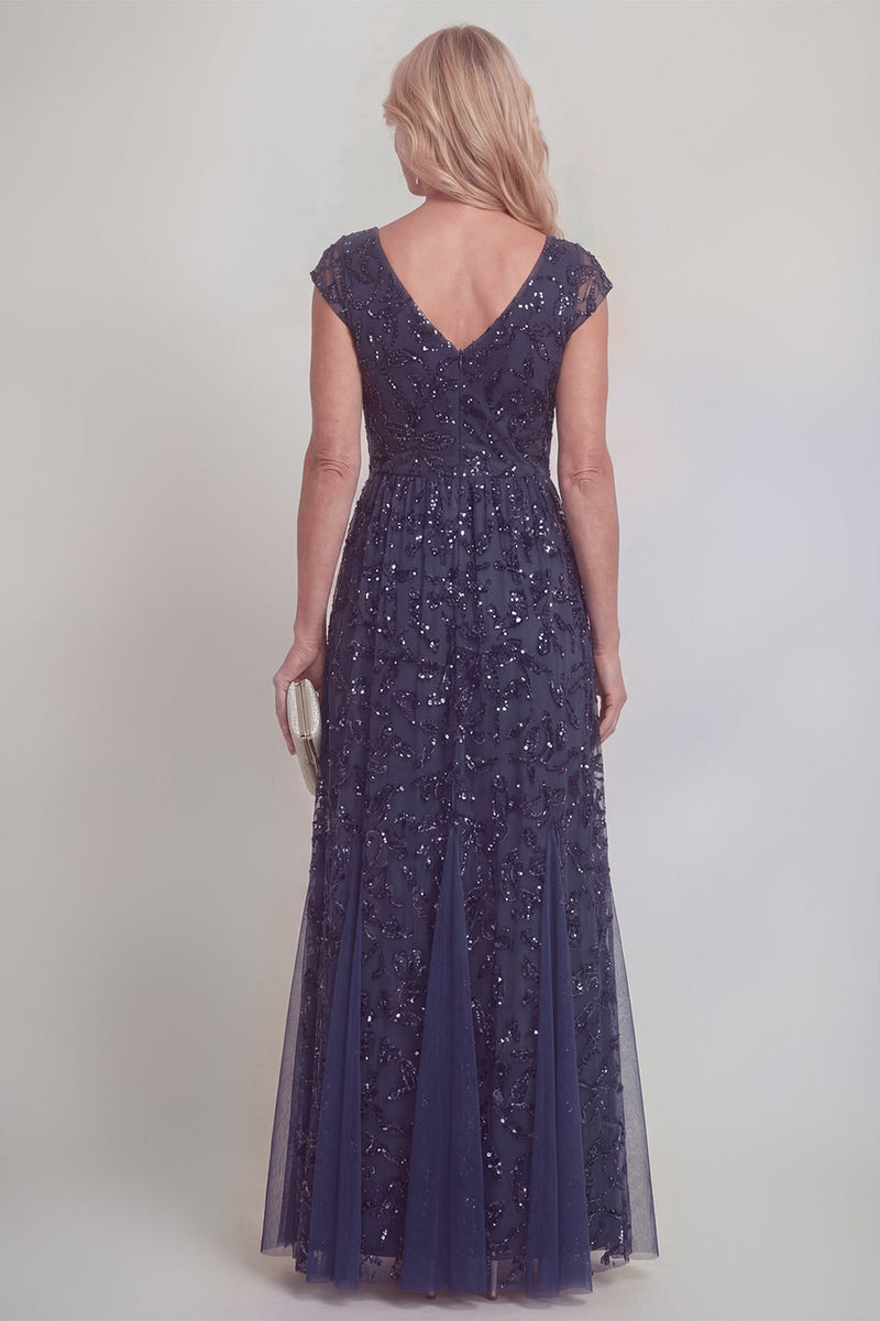 Laden Sie das Bild in den Galerie-Viewer, Marineblaue Spitzen-Pailletten – eine Linie V-Ausschnitt langes Mutter-der-der-Braut-Kleid mit Ärmeln