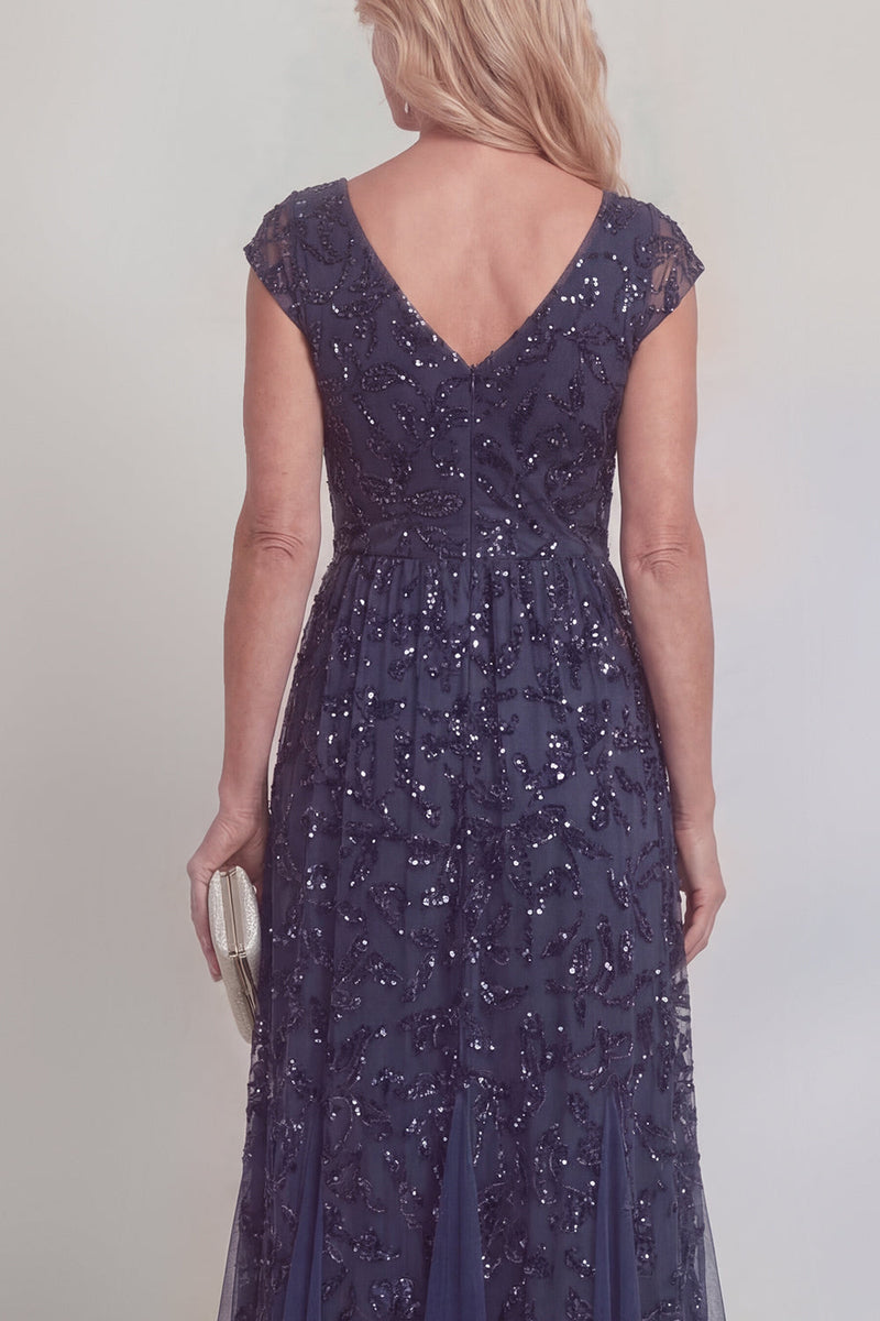 Laden Sie das Bild in den Galerie-Viewer, Marineblaue Spitzen-Pailletten – eine Linie V-Ausschnitt langes Mutter-der-der-Braut-Kleid mit Ärmeln
