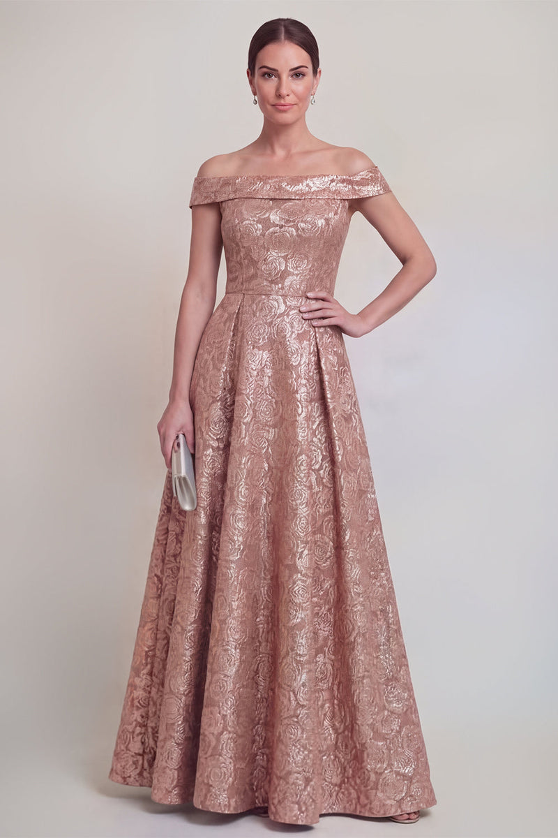 Laden Sie das Bild in den Galerie-Viewer, Rouge Jacquard Floral Off The Shoulder Eine Linie lange Mutter der Braut Kleid