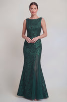Laden Sie das Bild in den Galerie-Viewer, Dunkelgrünes Blumen Bootshals Meerjungfrauen Langes Mutter-der-Braut-Kleid mit Schlitz