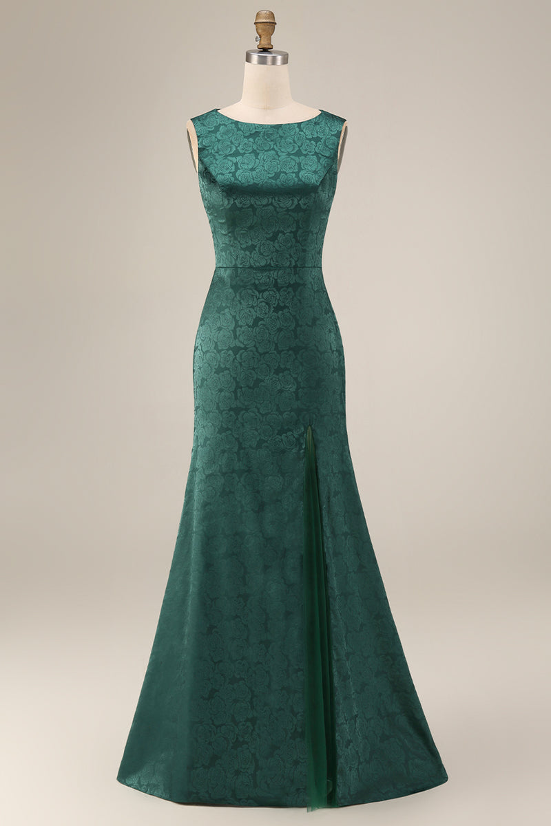 Laden Sie das Bild in den Galerie-Viewer, Dunkelgrünes Blumen Bootshals Meerjungfrauen Langes Mutter-der-Braut-Kleid mit Schlitz