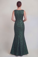 Laden Sie das Bild in den Galerie-Viewer, Dunkelgrünes Blumen Bootshals Meerjungfrauen Langes Mutter-der-Braut-Kleid mit Schlitz