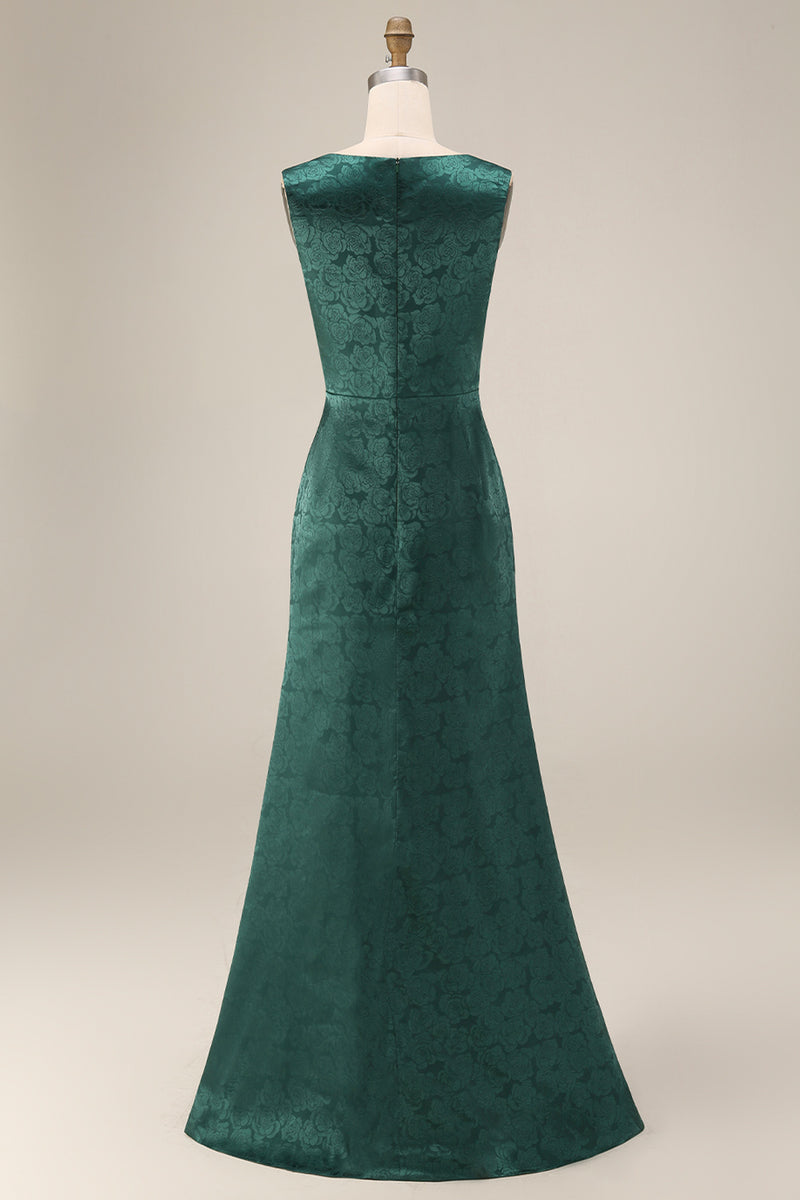 Laden Sie das Bild in den Galerie-Viewer, Dunkelgrünes Blumen Bootshals Meerjungfrauen Langes Mutter-der-Braut-Kleid mit Schlitz