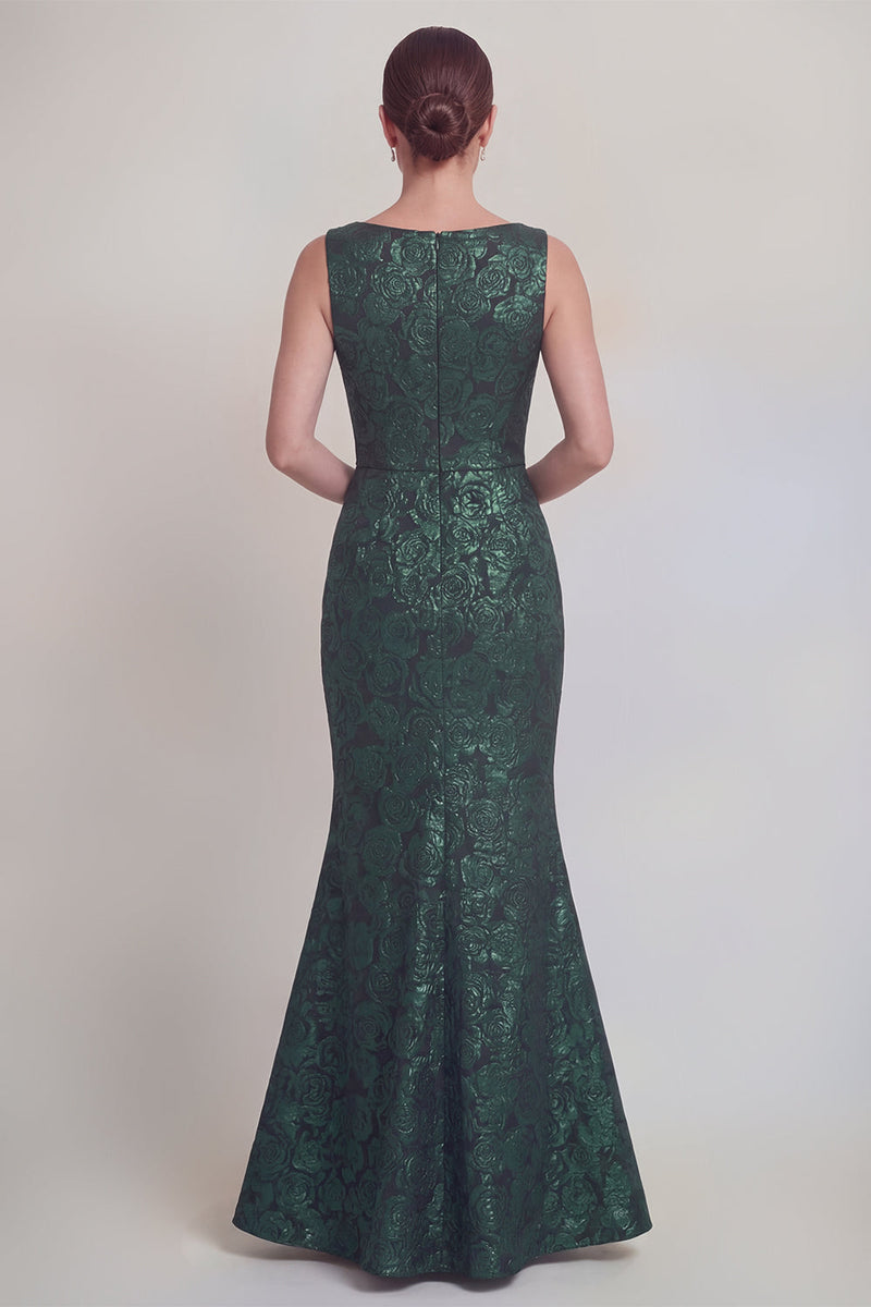 Laden Sie das Bild in den Galerie-Viewer, Dunkelgrünes Blumen Bootshals Meerjungfrauen Langes Mutter-der-Braut-Kleid mit Schlitz