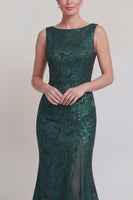 Laden Sie das Bild in den Galerie-Viewer, Dunkelgrünes Blumen Bootshals Meerjungfrauen Langes Mutter-der-Braut-Kleid mit Schlitz