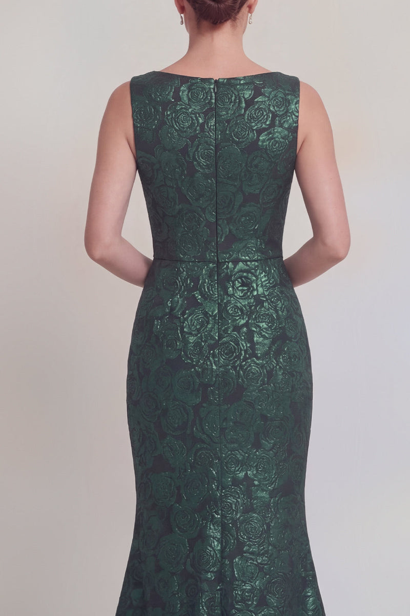 Laden Sie das Bild in den Galerie-Viewer, Dunkelgrünes Blumen Bootshals Meerjungfrauen Langes Mutter-der-Braut-Kleid mit Schlitz