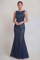Laden Sie das Bild in den Galerie-Viewer, Dunkelgrünes Blumen Bootshals Meerjungfrauen Langes Mutter-der-Braut-Kleid mit Schlitz
