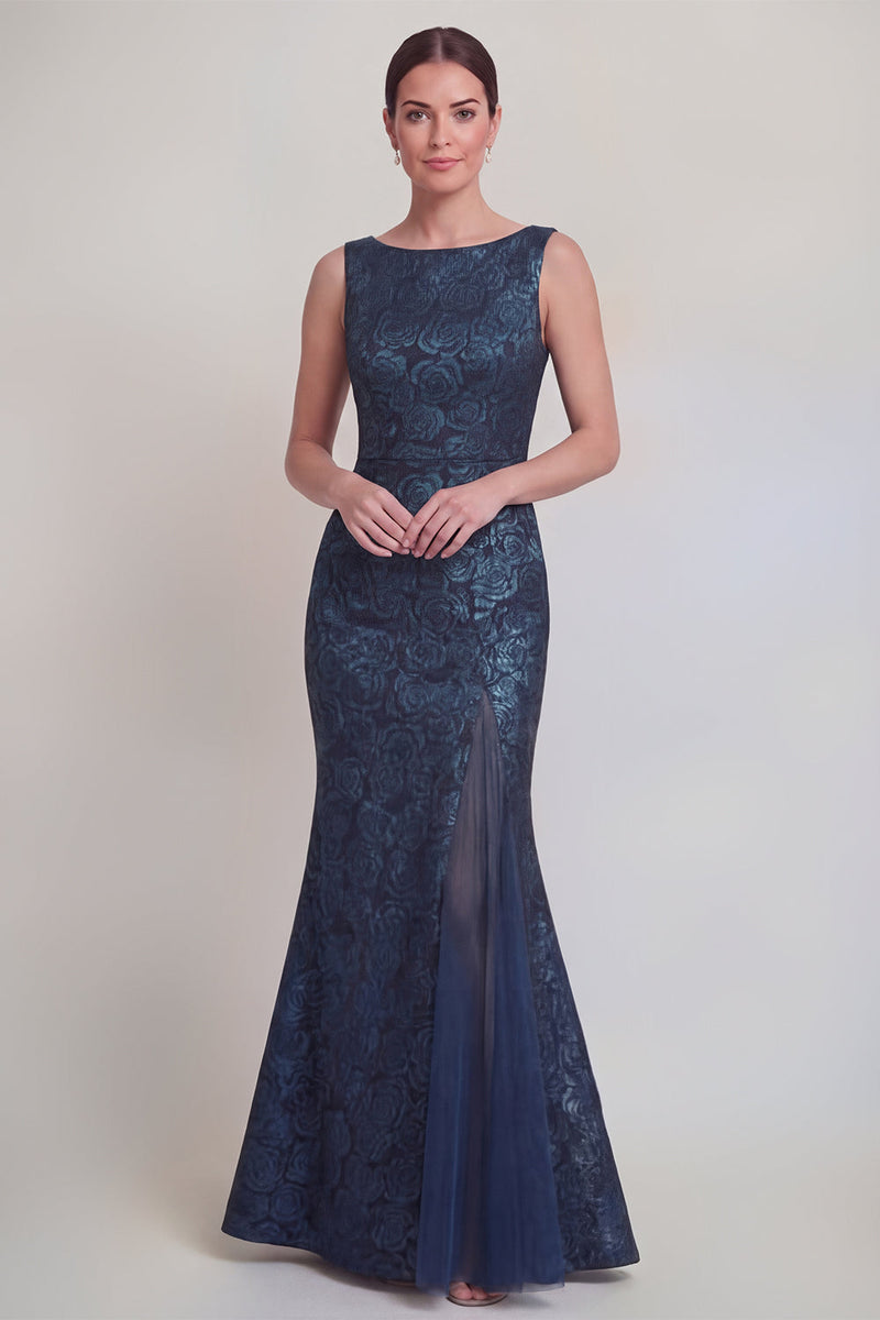 Laden Sie das Bild in den Galerie-Viewer, Dunkelgrünes Blumen Bootshals Meerjungfrauen Langes Mutter-der-Braut-Kleid mit Schlitz