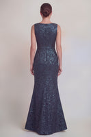Laden Sie das Bild in den Galerie-Viewer, Dunkelgrünes Blumen Bootshals Meerjungfrauen Langes Mutter-der-Braut-Kleid mit Schlitz