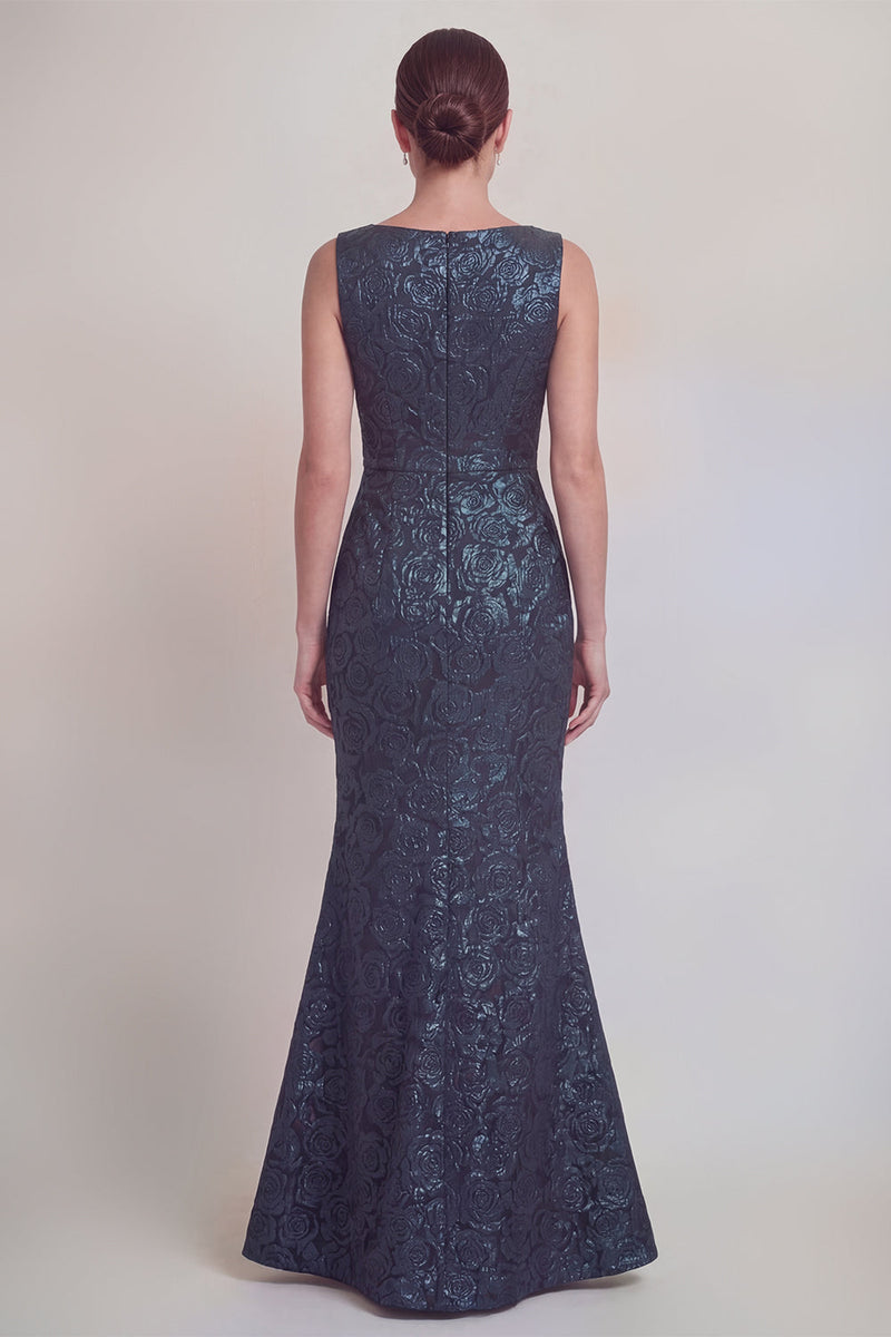 Laden Sie das Bild in den Galerie-Viewer, Dunkelgrünes Blumen Bootshals Meerjungfrauen Langes Mutter-der-Braut-Kleid mit Schlitz