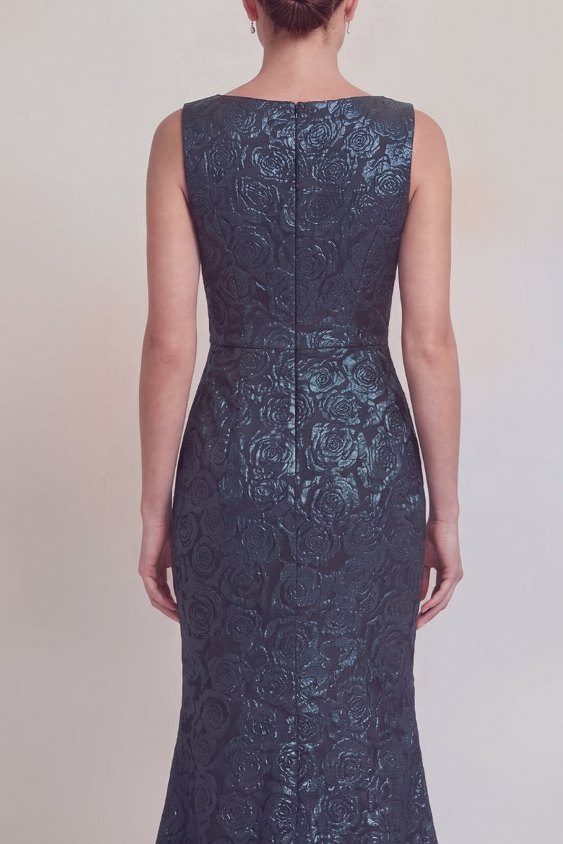 Laden Sie das Bild in den Galerie-Viewer, Dunkelgrünes Blumen Bootshals Meerjungfrauen Langes Mutter-der-Braut-Kleid mit Schlitz