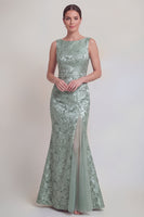 Laden Sie das Bild in den Galerie-Viewer, Dunkelgrünes Blumen Bootshals Meerjungfrauen Langes Mutter-der-Braut-Kleid mit Schlitz