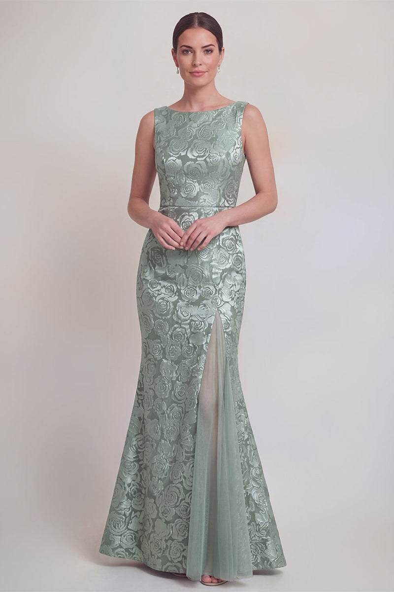 Laden Sie das Bild in den Galerie-Viewer, Dunkelgrünes Blumen Bootshals Meerjungfrauen Langes Mutter-der-Braut-Kleid mit Schlitz