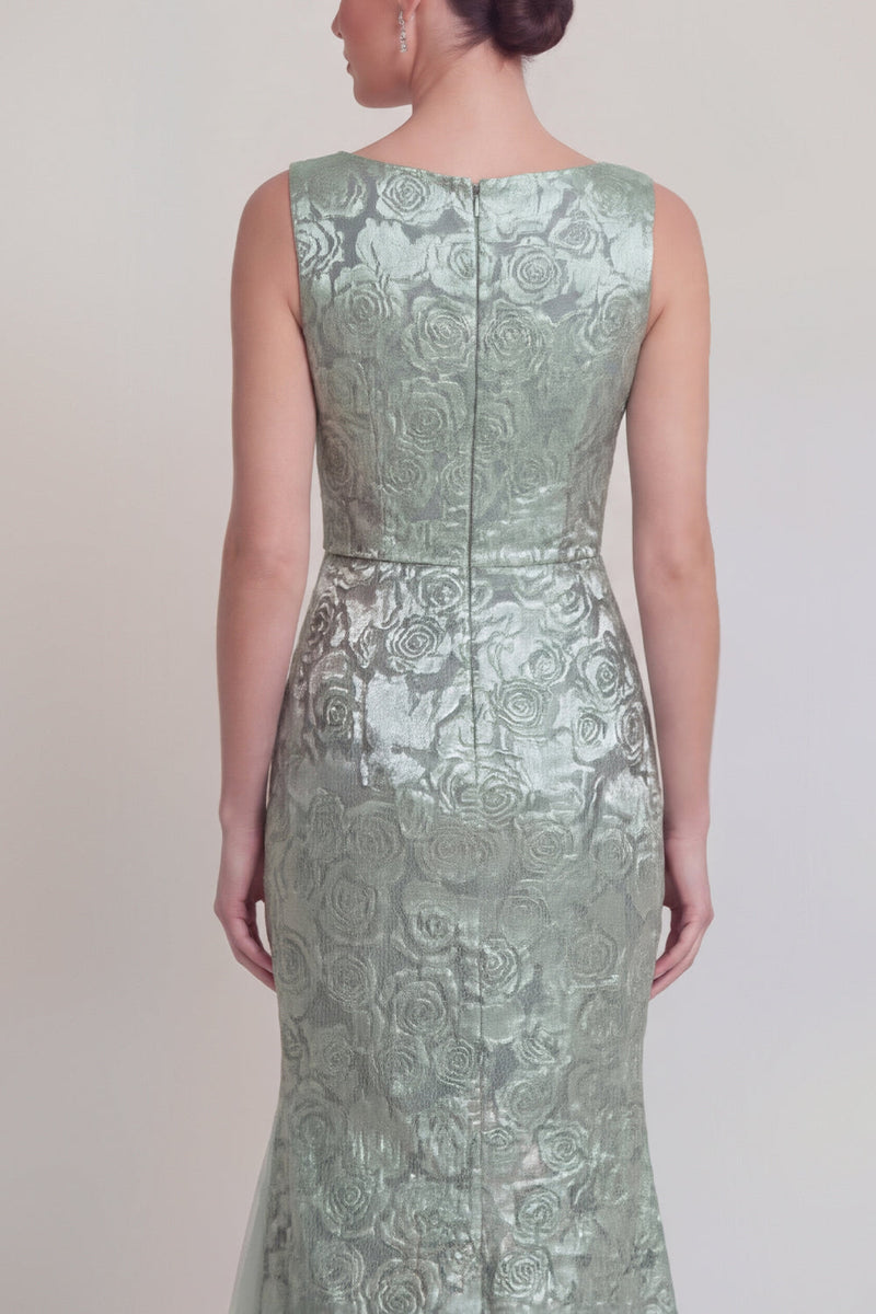 Laden Sie das Bild in den Galerie-Viewer, Dunkelgrünes Blumen Bootshals Meerjungfrauen Langes Mutter-der-Braut-Kleid mit Schlitz