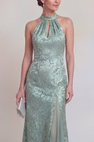 Laden Sie das Bild in den Galerie-Viewer, Salbeigrüner Blumenhalter Meerjungfrau Lange Mutter der Braut Kleid mit Schlitz