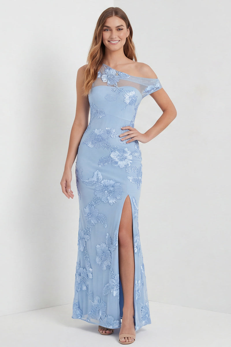 Laden Sie das Bild in den Galerie-Viewer, Hellblaues Einschulter Gesticktes Maxikleid mit Schlitz