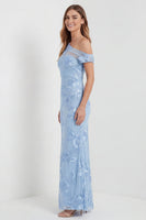 Laden Sie das Bild in den Galerie-Viewer, Hellblaues Einschulter Gesticktes Maxikleid mit Schlitz