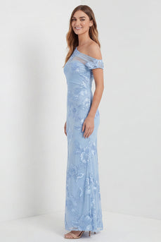 Hellblaues Einschulter Gesticktes Maxikleid mit Schlitz