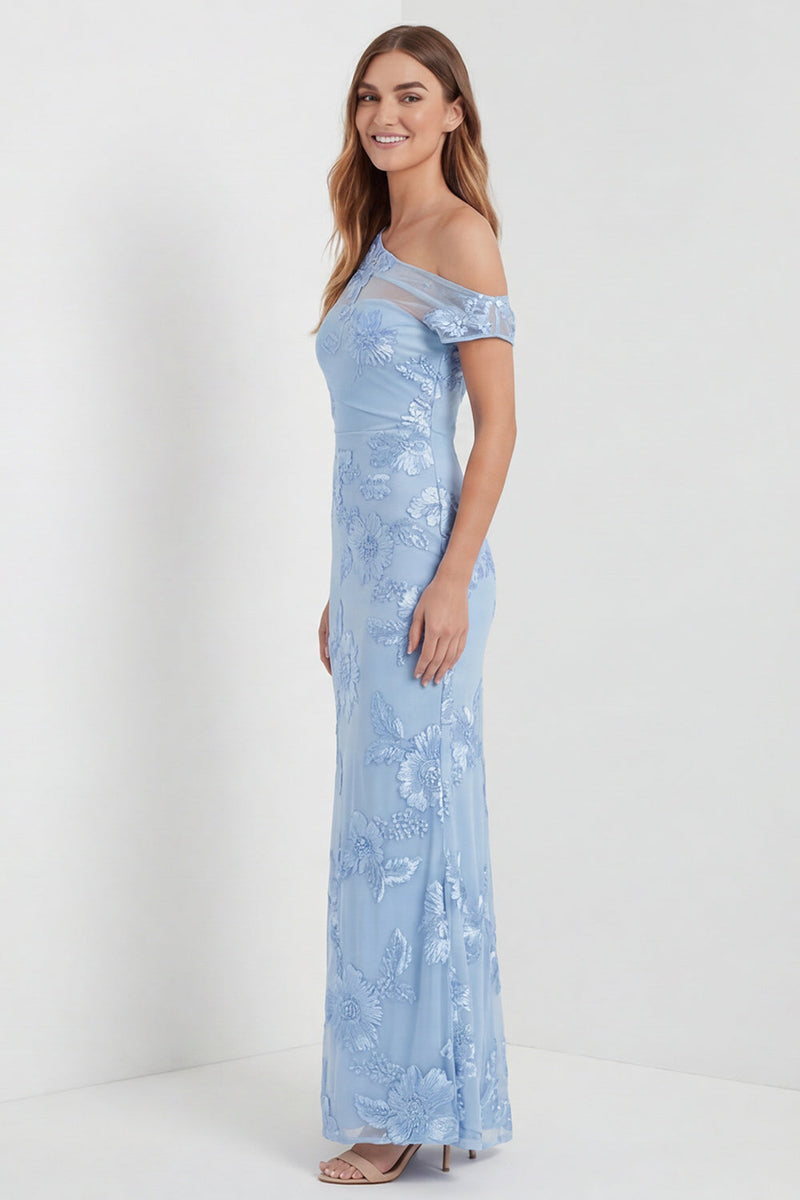 Laden Sie das Bild in den Galerie-Viewer, Hellblaues Einschulter Gesticktes Maxikleid mit Schlitz