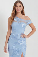 Laden Sie das Bild in den Galerie-Viewer, Hellblaues Einschulter Gesticktes Maxikleid mit Schlitz