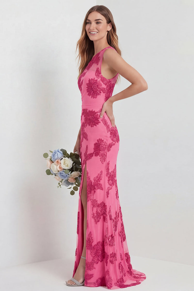 Laden Sie das Bild in den Galerie-Viewer, Eine Schulter Scheide Knallpinkes Blumenstickerei Hochzeitsgastkleid mit Schlitz