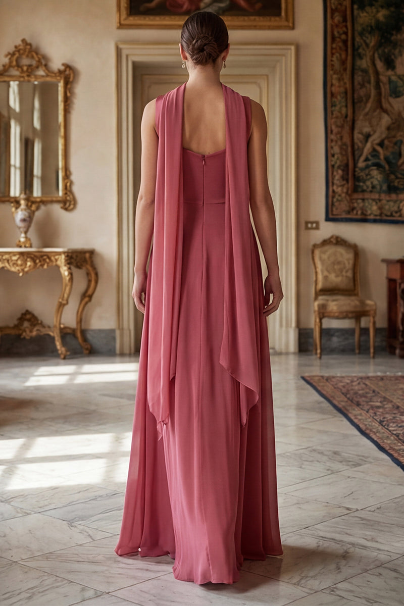Laden Sie das Bild in den Galerie-Viewer, Wüstenrose Quadtrathals Langes Brautjungfernkleid mit Schal