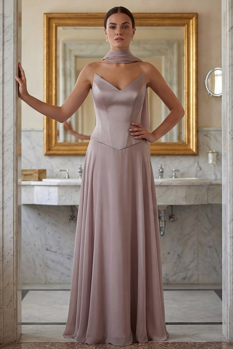 Laden Sie das Bild in den Galerie-Viewer, Dämmerung Trägerloses Langes Brautjungfernkleid mit Schal