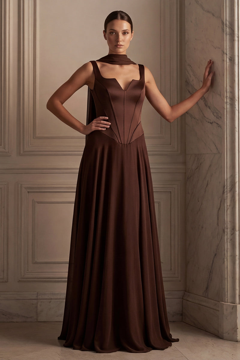 Laden Sie das Bild in den Galerie-Viewer, Kaffee Langes Chiffon Brautjungfernkleid mit Schal