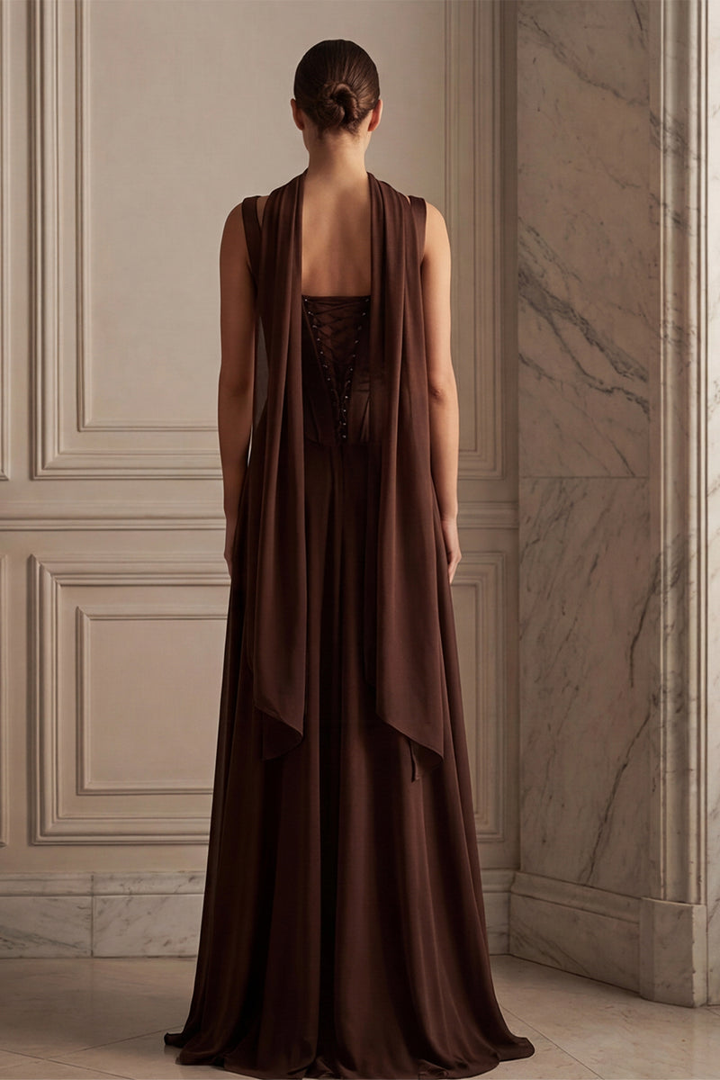 Laden Sie das Bild in den Galerie-Viewer, Kaffee Langes Chiffon Brautjungfernkleid mit Schal