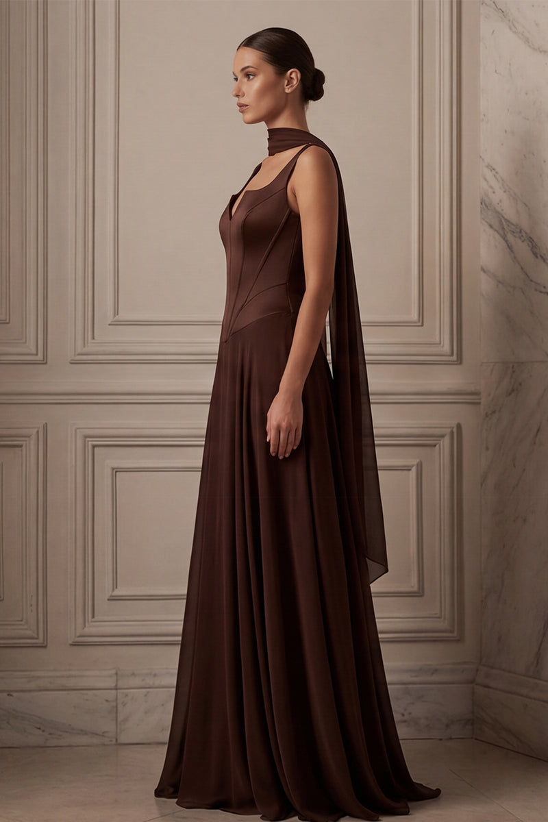Laden Sie das Bild in den Galerie-Viewer, Kaffee Langes Chiffon Brautjungfernkleid mit Schal