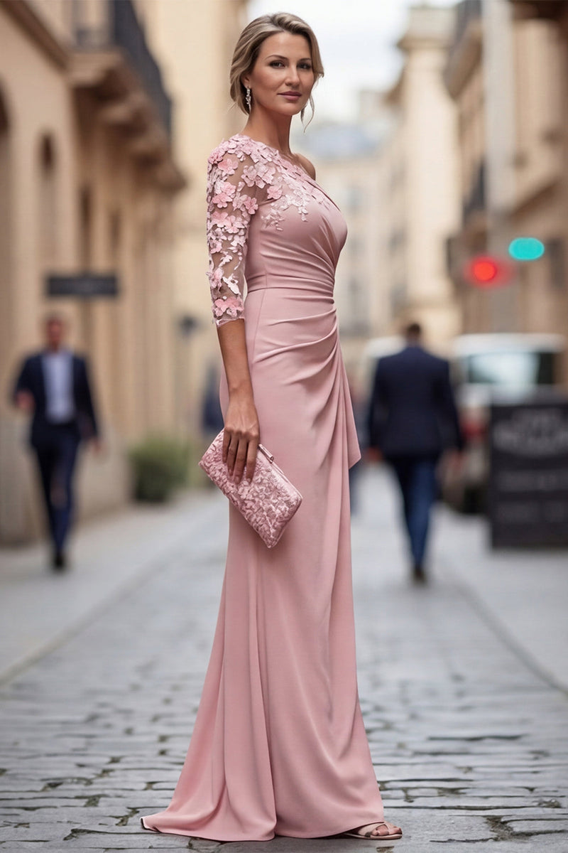 Laden Sie das Bild in den Galerie-Viewer, Hellblaue einschulterige Scheide mit gerafftem langen Mutter-der-Braut-Kleid mit 3D-Blumen