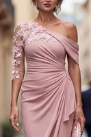 Laden Sie das Bild in den Galerie-Viewer, Hellblaue einschulterige Scheide mit gerafftem langen Mutter-der-Braut-Kleid mit 3D-Blumen