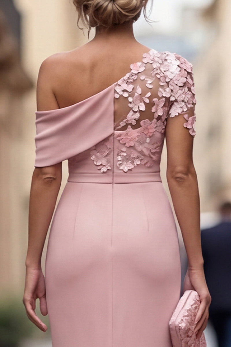 Laden Sie das Bild in den Galerie-Viewer, Hellblaue einschulterige Scheide mit gerafftem langen Mutter-der-Braut-Kleid mit 3D-Blumen