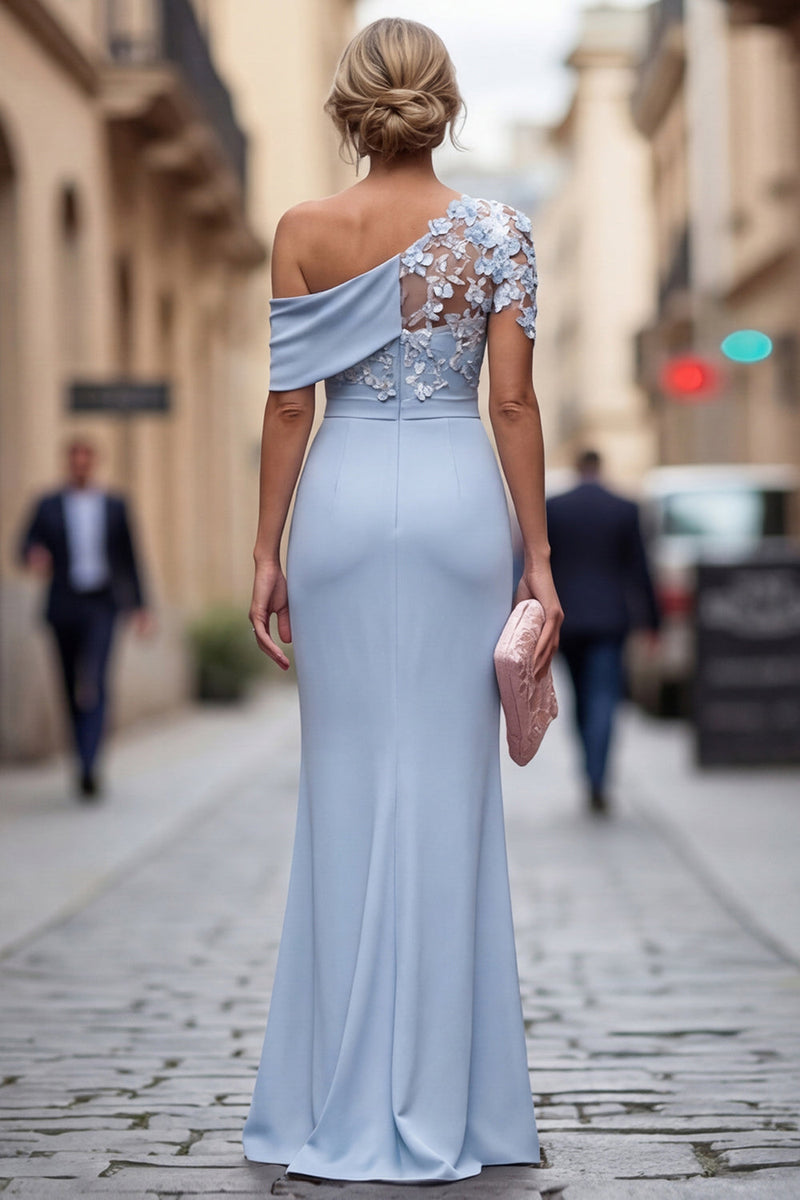 Laden Sie das Bild in den Galerie-Viewer, Hellblaue einschulterige Scheide mit gerafftem langen Mutter-der-Braut-Kleid mit 3D-Blumen