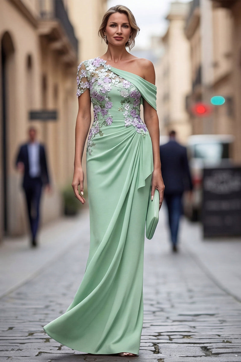 Laden Sie das Bild in den Galerie-Viewer, Grüne Scheide mit einer Schulter appliquiertes Blumenkleid Mutter der Braut