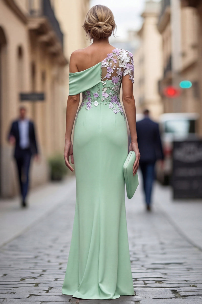 Laden Sie das Bild in den Galerie-Viewer, Grüne Scheide mit einer Schulter appliquiertes Blumenkleid Mutter der Braut