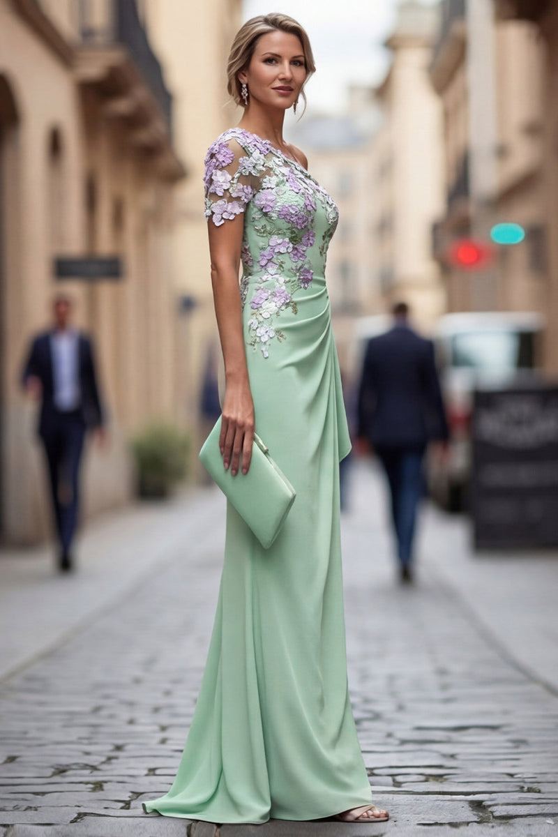 Laden Sie das Bild in den Galerie-Viewer, Grüne Scheide mit einer Schulter appliquiertes Blumenkleid Mutter der Braut