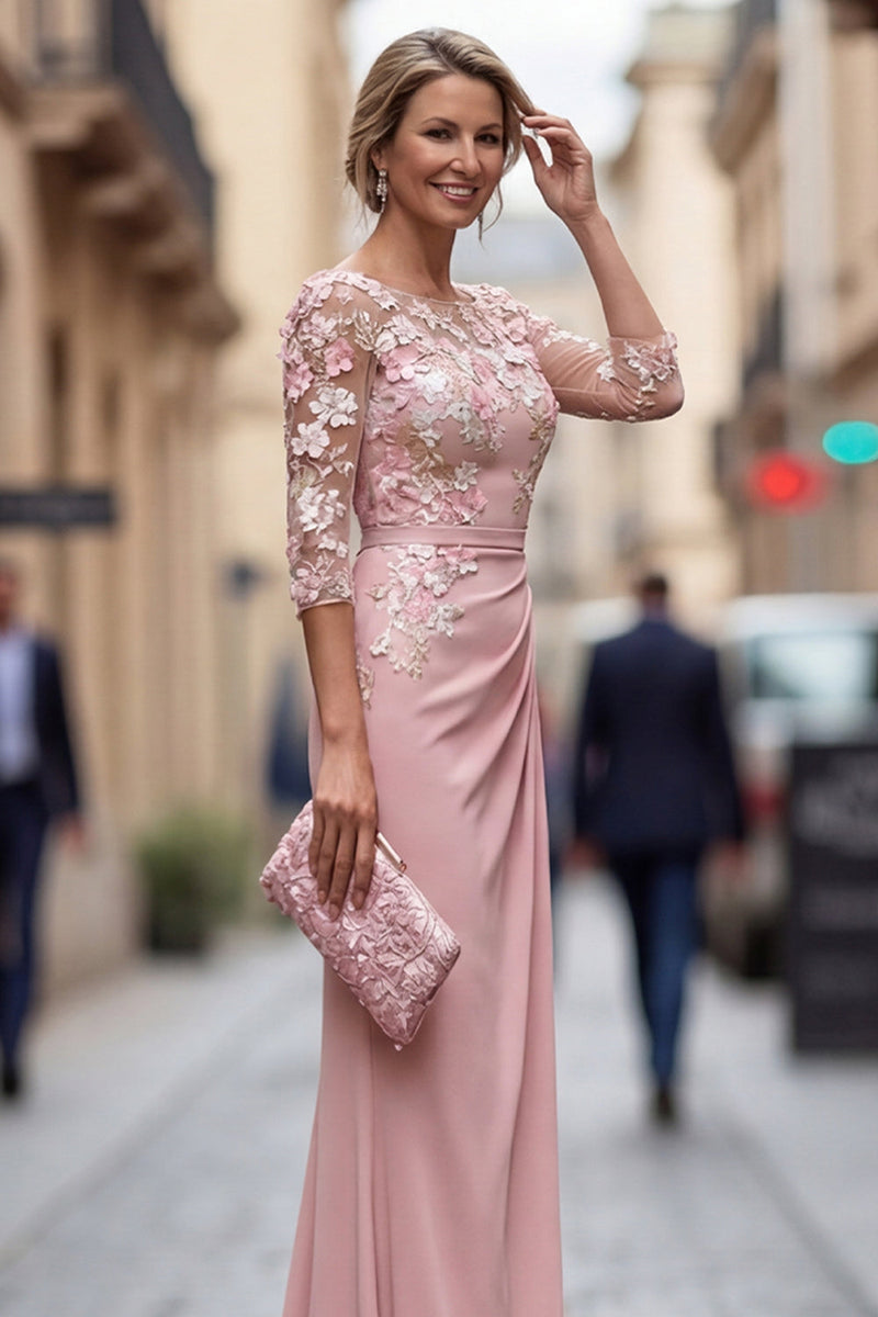 Laden Sie das Bild in den Galerie-Viewer, Rouge-Sheath-Bateau-Ausschnitt mit Blumen, gerafftes langes Mutter-der-Braut-Kleid mit Applikationen