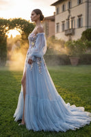 Laden Sie das Bild in den Galerie-Viewer, Hellblaues Tüll-Sweetheart A-Line floral-appliquiertes Schlauch-Abschlussballkleid mit Schlitz