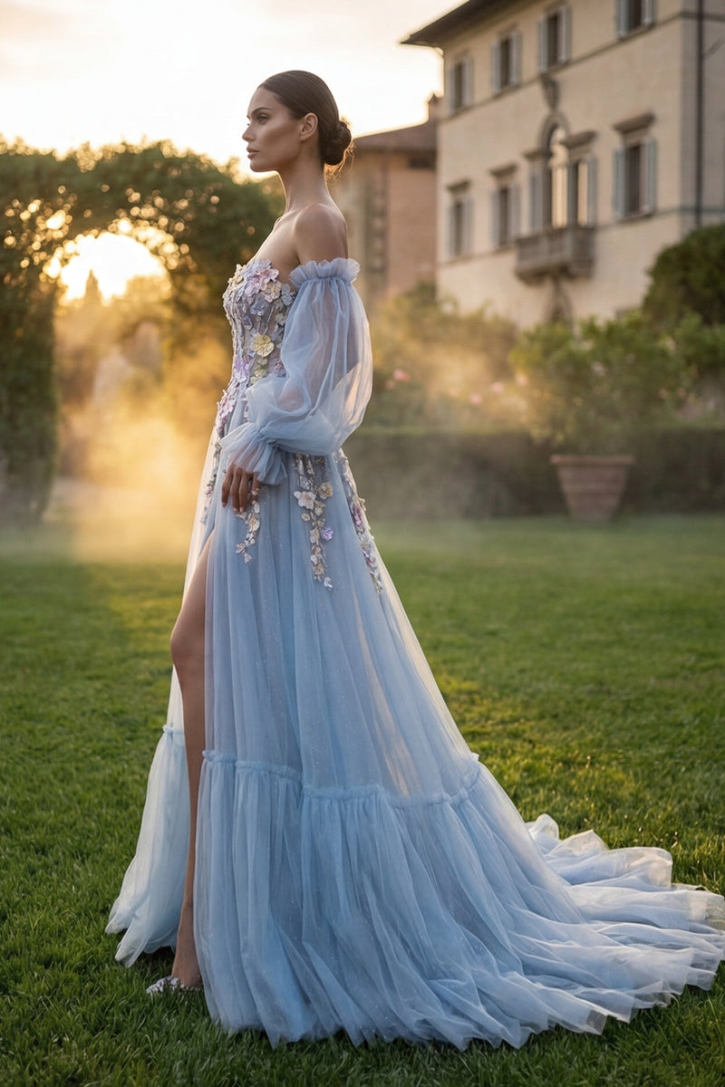 Laden Sie das Bild in den Galerie-Viewer, Hellblaues Tüll-Sweetheart A-Line floral-appliquiertes Schlauch-Abschlussballkleid mit Schlitz