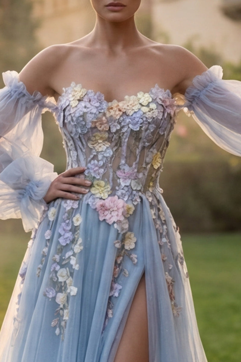 Laden Sie das Bild in den Galerie-Viewer, Hellblaues Tüll-Sweetheart A-Line floral-appliquiertes Schlauch-Abschlussballkleid mit Schlitz