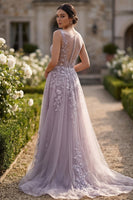 Laden Sie das Bild in den Galerie-Viewer, Grau-Lila Tüll A-Linie Floral-appliquiertes Bedecktes Langes Ballkleid