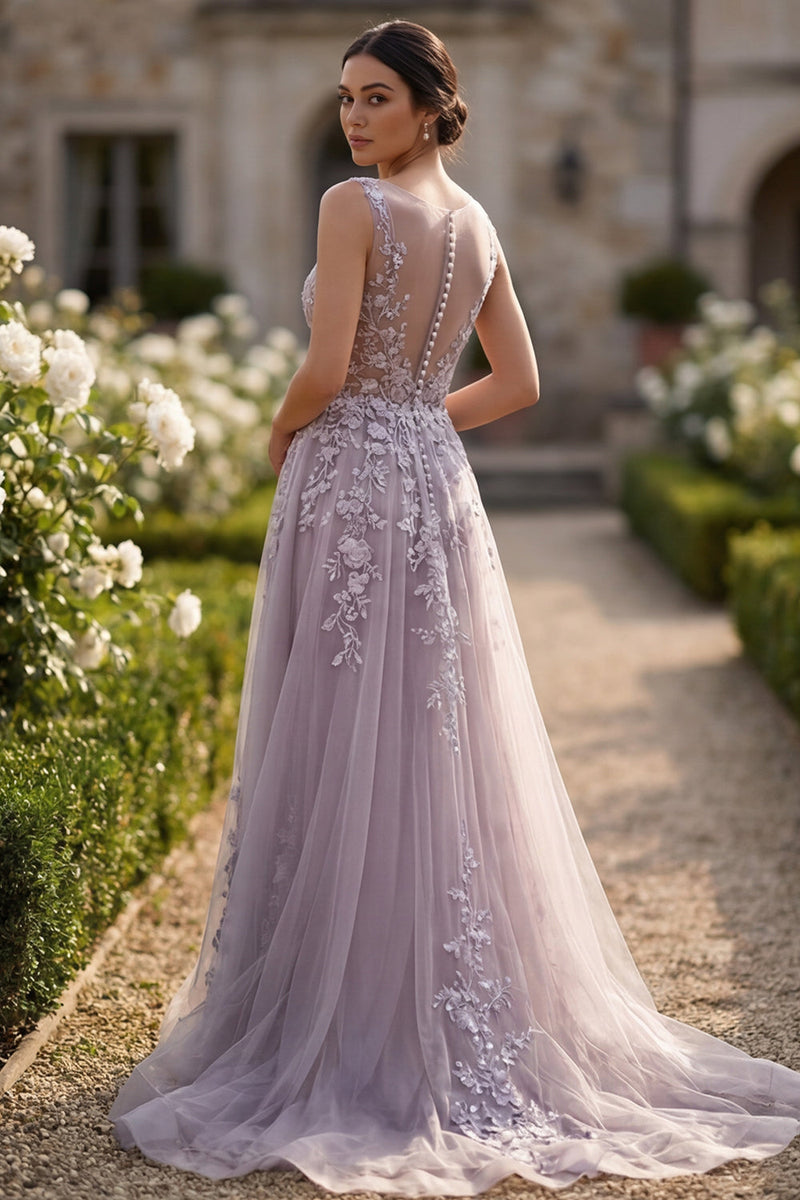 Laden Sie das Bild in den Galerie-Viewer, Grau-Lila Tüll A-Linie Floral-appliquiertes Bedecktes Langes Ballkleid