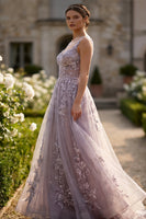Laden Sie das Bild in den Galerie-Viewer, Grau-Lila Tüll A-Linie Floral-appliquiertes Bedecktes Langes Ballkleid
