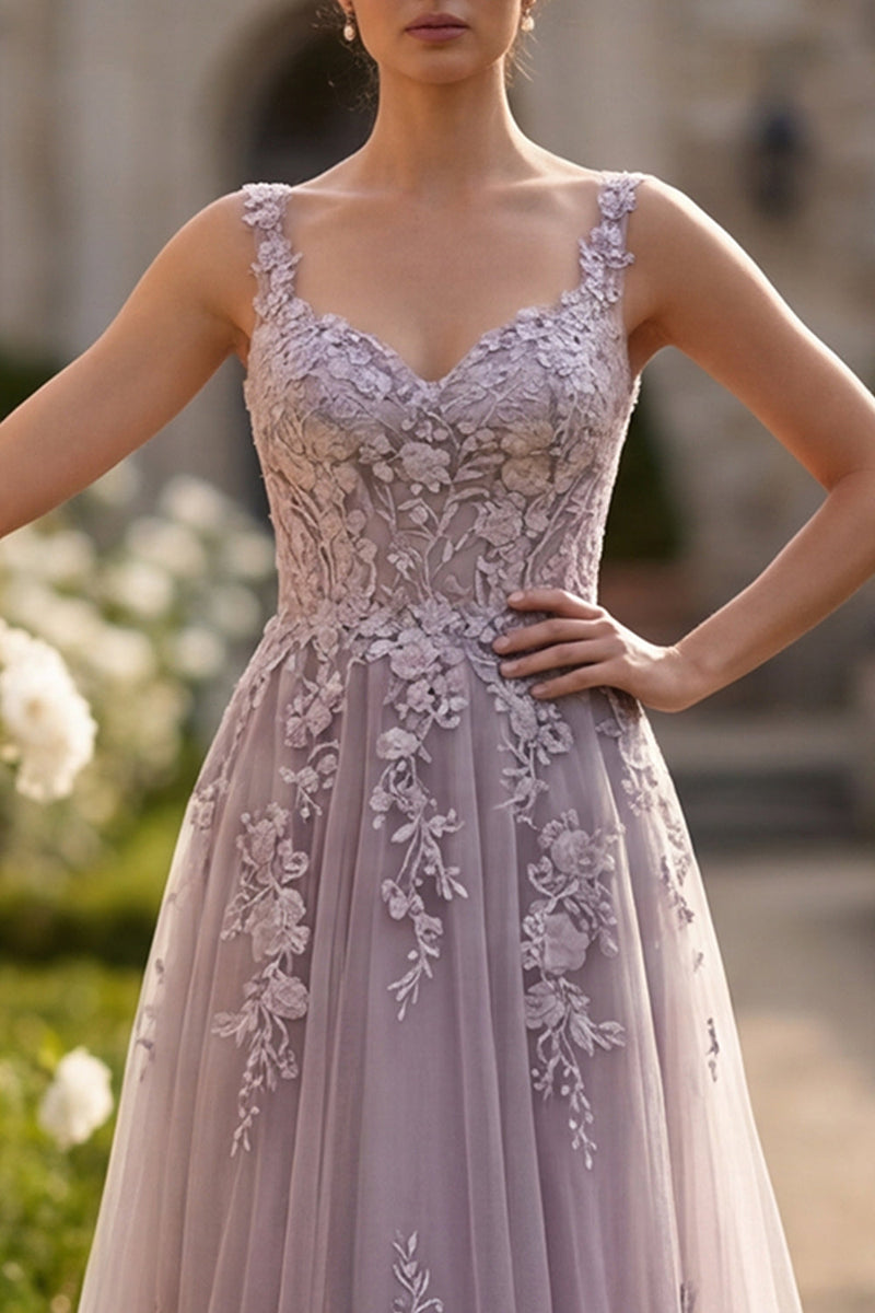Laden Sie das Bild in den Galerie-Viewer, Grau-Lila Tüll A-Linie Floral-appliquiertes Bedecktes Langes Ballkleid