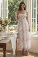 Laden Sie das Bild in den Galerie-Viewer, Weißes Rosa Blumiges A-Linie Spaghettiträger Langes Blumenkleid
