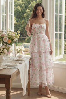 Weißes Rosa Blumiges A-Linie Spaghettiträger Langes Blumenkleid